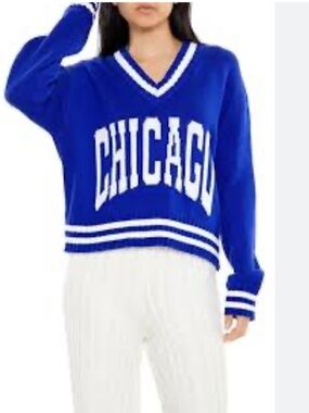Divided Blue and White V-Neck Preppy Chicago Sweater Small